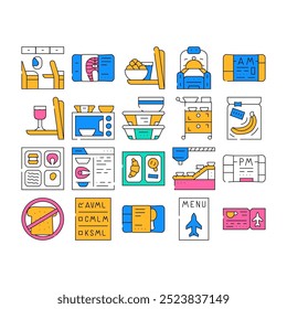 Iconos de la Colección de nutrición de alimentos de la aerolínea Set Vector. Sillón Con Mesa Para Comida De Aerolínea Y Microondas, Alcohol Y Clase De Negocios Ilustraciones De Contorno De Color De Almuerzo