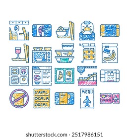 Iconos del doodle de la nutrición de la comida de la aerolínea Vector del sistema Sillón del arte de la línea del boceto con la tabla para la comida de la aerolínea y el microondas, alcohol y ilustraciones del color del almuerzo de la clase de negocio