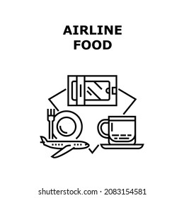 Airline Food Vector Icon Concept. Package With Delicious Dish And Tea Or Coffee Hot Drink Cup, Airline Food For Feeding Passengers In Airplane. Nutrition And Beverage Black Illustration