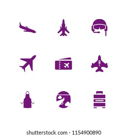 airline icon. 9 airline set with flight, pilot, airplane and apron silhouette vector icons for web and mobile app