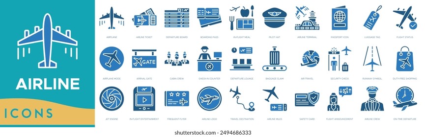 Airline icon. Airplane, Airline Ticket, Departure Board, Boarding Pass, In-Flight Meal, Pilot Hat, Airline Terminal, Passport Icon