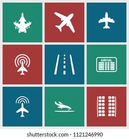 Airline icon. collection of 9 airline filled icons such as plane, plane seats, runway, plane landing. editable airline icons for web and mobile.