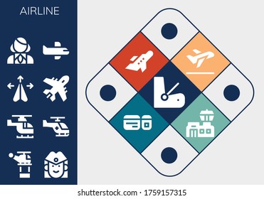 conjunto de iconos de aerolíneas. 13 íconos de aerolíneas rellenados.  Iconos modernos sencillos como: Asiento, helicóptero, azafatas, avión, avión, avión, despegue, avión, billete de avión, aeropuerto