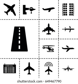 Airline icon. set of 13 filled airlineicons such as plane, runway, jetway, plane seats, arrival table