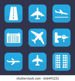 Airline icon. set of 9 filled airline icons such as runway, plane landing, jetway, plane seats, arrival table