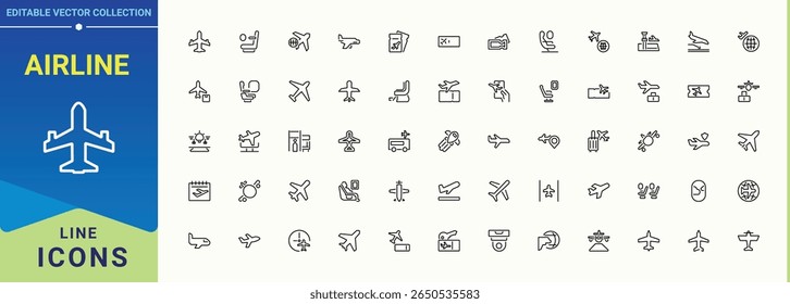 Conjunto de ícones da companhia aérea. Conjunto de ícones do avião. Conter símbolos lineares aeroporto, bilhete, viagem, ônibus aéreo, avião, aeroporto, ar e muito mais. Ilustração vetorial. Pixel perfeito.