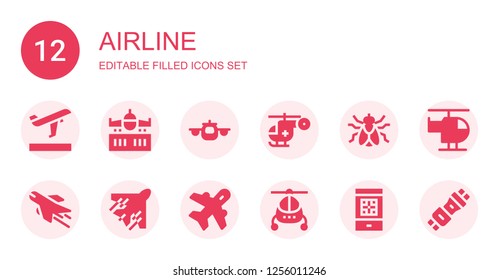 airline icon set. Collection of 12 filled airline icons included Departures, Airplane, Helicopter, Fly, Aviation, Boarding pass, Seat belt