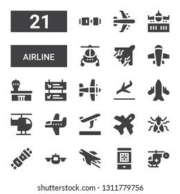 airline icon set. Collection of 21 filled airline icons included Helicopter, Boarding pass, Airplane, Seat belt, Fly, Aviation, Departures, Landing, Airport