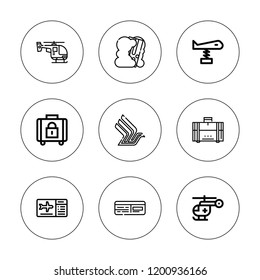Airline icon set. collection of 9 outline airline icons with baggage, boarding pass, helicopter, plane ticket, plane, smoke bomb icons. editable icons.