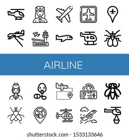 airline icon set. Collection of Helicopter, Plane, Hostess, Airport, Airplane, Fly, Air hostess, Oxygen mask, Boarding pass icons