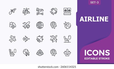Airline icon set in linear style. Contain linear sign air, aviation, landing, plane, transport and more. Airplane icon. Thin outline icons pack. Minimalist vector collections.