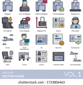 Airline Icons Including Carry On Baggage, Additional, Checked, Area, Seat Upgrade, Excess, Limit, Addons, Agent, Aircraft, Airport Representative, API, Base Fare, Boarding Pass, Cabin, Carrier, Flight