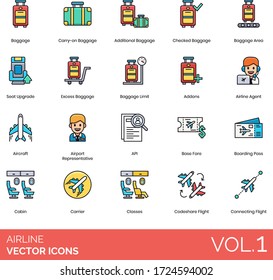 Airline Icons Including Carry On Baggage, Additional, Checked, Area, Seat Upgrade, Excess, Limit, Addons, Agent, Aircraft, Airport Representative, API, Boarding Pass, Cabin, Carrier, Codeshare Flight.