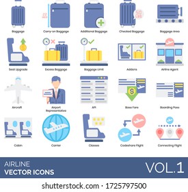 Airline icons including carry on baggage, checked, area, seat upgrade, excess, limit, addons, agent, aircraft, API, base fare, boarding pass, cabin, carrier, classes, codeshare flight, connecting.