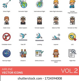 Airline icons including direct, domestic, international, male, female flight attendant, cabin crew, captain, co-pilot, forbidden items, take off, landing, layover, LCC, check in, unaccompanied minor.