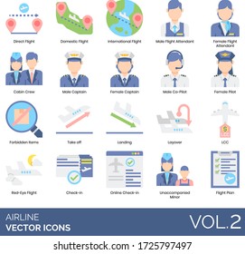 Airline icons including direct, domestic, international, flight attendant, cabin crew, captain, co-pilot, forbidden items, take off, landing, layover, LCC, red eye, check in, unaccompanied minor, plan