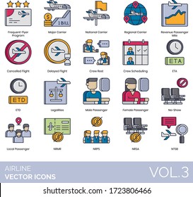 Airline Icons Including Frequent Flyer Program, Major Carrier, National, Regional, Revenue Passenger Mile, Canceled Flight, Delayed, Crew Rest, Scheduling, ETA, ETD, Legalities, Male, Female, No Show.