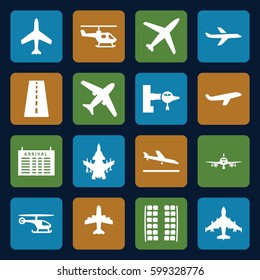 airline icons set. Set of 16 airline filled icons such as plane, runway, plane landing, jetway, plane seats, arrival table