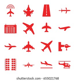 Airline icons set. set of 16 airline filled icons such as runway, plane, plane landing, jetway, plane seats, arrival table