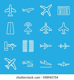 airline icons set. Set of 16 airline outline icons such as plane, runway, plane landing, jetway, plane seats, arrival table