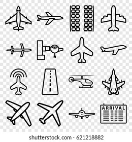 Airline icons set. set of 16 airline outline icons such as plane, runway, jetway, plane seats, arrival table