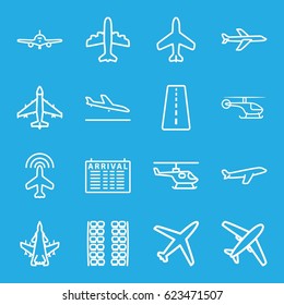 Airline icons set. set of 16 airline outline icons such as plane, runway, plane landing, plane seats, arrival table