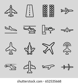 Airline icons set. set of 16 airline outline icons such as plane, runway, plane landing, jetway, plane seats