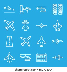 Airline icons set. set of 16 airline outline icons such as plane, runway, plane landing, jetway, plane seats, arrival table