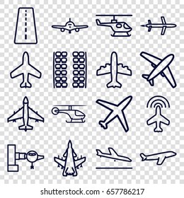 Airline icons set. set of 16 airline outline icons such as plane, runway, plane landing, jetway, plane seats