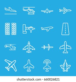 Airline icons set. set of 16 airline outline icons such as plane, runway, plane landing, jetway, plane seats