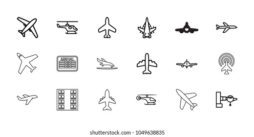 Airline icons. set of 18 editable outline airline icons: plane, jetway, helicopter, plane landing, plane seats