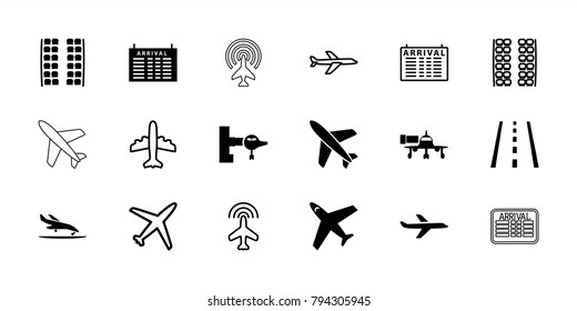 Airline icons. set of 18 editable filled and outline airline icons: jetway, plane seats, arrival table, plane, runway