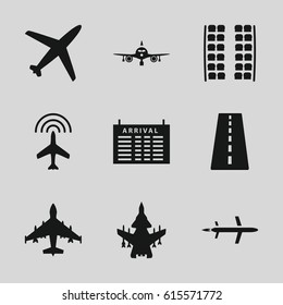 Airline icons set. set of 9 airline filled icons such as runway, plane, plane seats