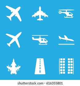 Airline icons set. set of 9 airline filled icons such as runway, plane landing, plane seats, helicopter