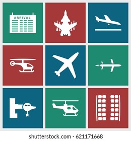 Airline icons set. set of 9 airline filled icons such as plane landing, jetway, plane seats, arrival table, helicopter