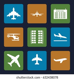 Airline icons set. set of 9 airline filled icons such as plane landing, plane, plane seats, arrival table