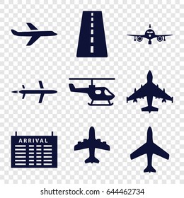 Airline icons set. set of 9 airline filled icons such as plane, runway, arrival table