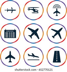 Airline icons set. set of 9 airline filled icons such as plane, runway, plane landing, arrival table