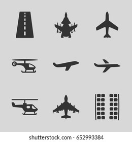 Airline icons set. set of 9 airline filled icons such as plane, runway, plane seats