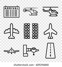 Airline icons set. set of 9 airline outline icons such as plane, runway, jetway, plane seats, arrival table