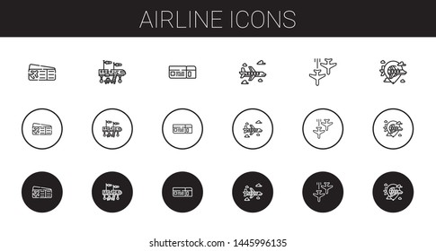 airline icons set. Collection of airline with plane ticket, airplane, boarding pass, plane. Editable and scalable airline icons.