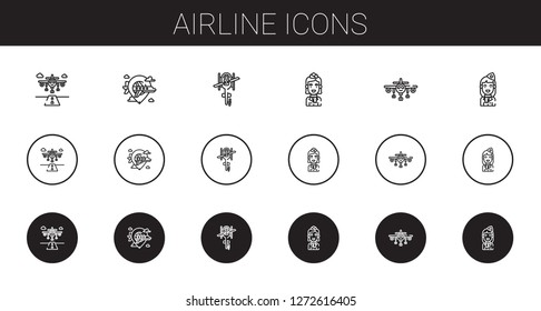 airline icons set. Collection of airline with runway, airplane, helicopter, stewardess. Editable and scalable airline icons.