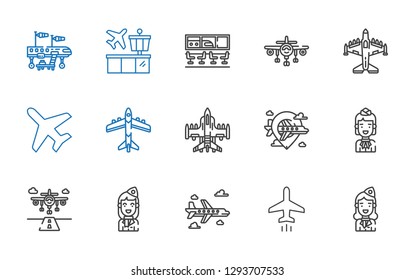 airline icons set. Collection of airline with stewardess, plane, airplane, runway, airport. Editable and scalable airline icons.