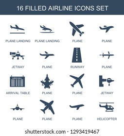 airline icons. Trendy 16 airline icons. Contain icons such as plane landing, plane, jetway, runway, arrival table, helicopter. airline icon for web and mobile.