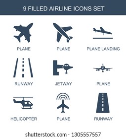 airline icons. Trendy 9 airline icons. Contain icons such as plane, plane landing, runway, jetway, helicopter. airline icon for web and mobile.