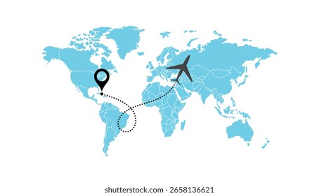 Trilha de viagem da companhia aérea com traço tracejado. Conceito de viagem e turismo. Ícone de destino da aeronave