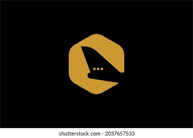 Airline logo design vector. Airplane abstract symbol. Blue plane in hexagon with fast vector icon.