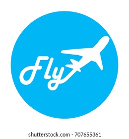The airline logo on blue background. To fly and the silhouette of the plane in blue circle. Vector picture