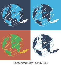 Airline logo. World tour concept. Globe and plane vector icons. A plane flies all over the world. Logo for a travel agency. 