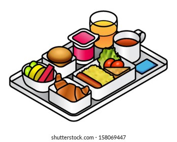 Airline meal - breakfast - on a tray with juice, tea, brioche, fruit, yogurt, croissant, scrambled eggs, sausage, hash brown and salad..